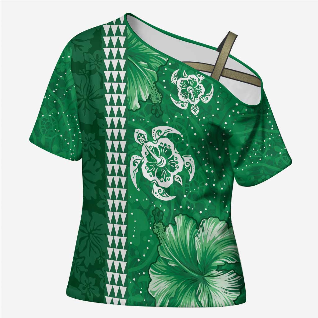 Green Hibiscus Turle Cross Shoulder Shirt Hawaiian Style Tribal Tapa Pattern - Polynesian Pride