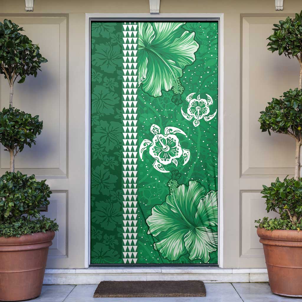 Green Hibiscus Turle Door Cover Hawaiian Style Tribal Tapa Pattern - Polynesian Pride