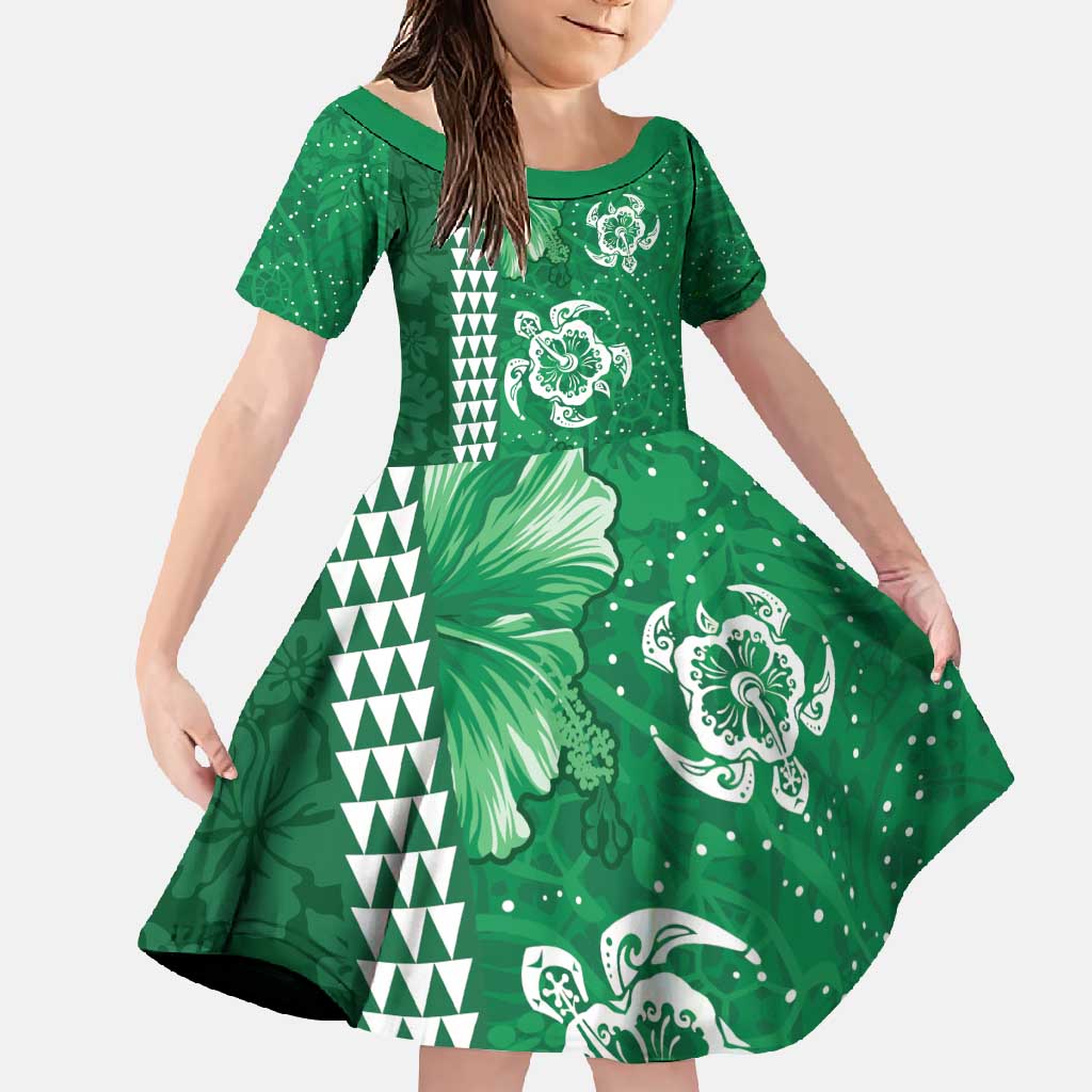 Green Hibiscus Turle Family Matching Long Sleeve Bodycon Dress and Hawaiian Shirt Hawaiian Style Tribal Tapa Pattern LT9 Daughter's Dress Green - Polynesian Pride