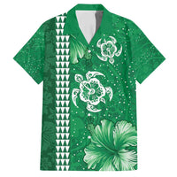 Green Hibiscus Turle Family Matching Long Sleeve Bodycon Dress and Hawaiian Shirt Hawaiian Style Tribal Tapa Pattern LT9 Dad's Shirt - Short Sleeve Green - Polynesian Pride