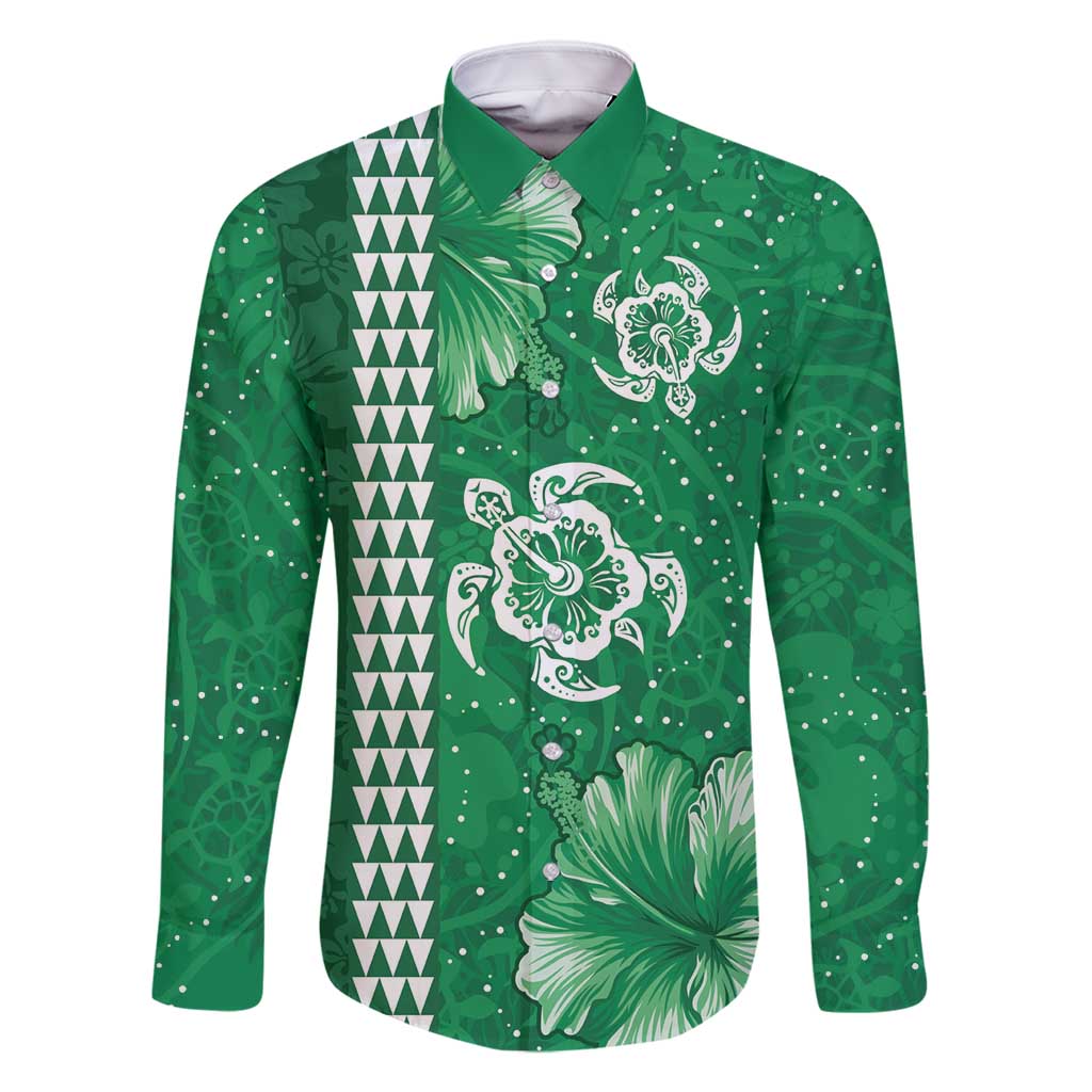 Green Hibiscus Turle Family Matching Mermaid Dress and Hawaiian Shirt Hawaiian Style Tribal Tapa Pattern LT9 Dad's Shirt - Long Sleeve Green - Polynesian Pride