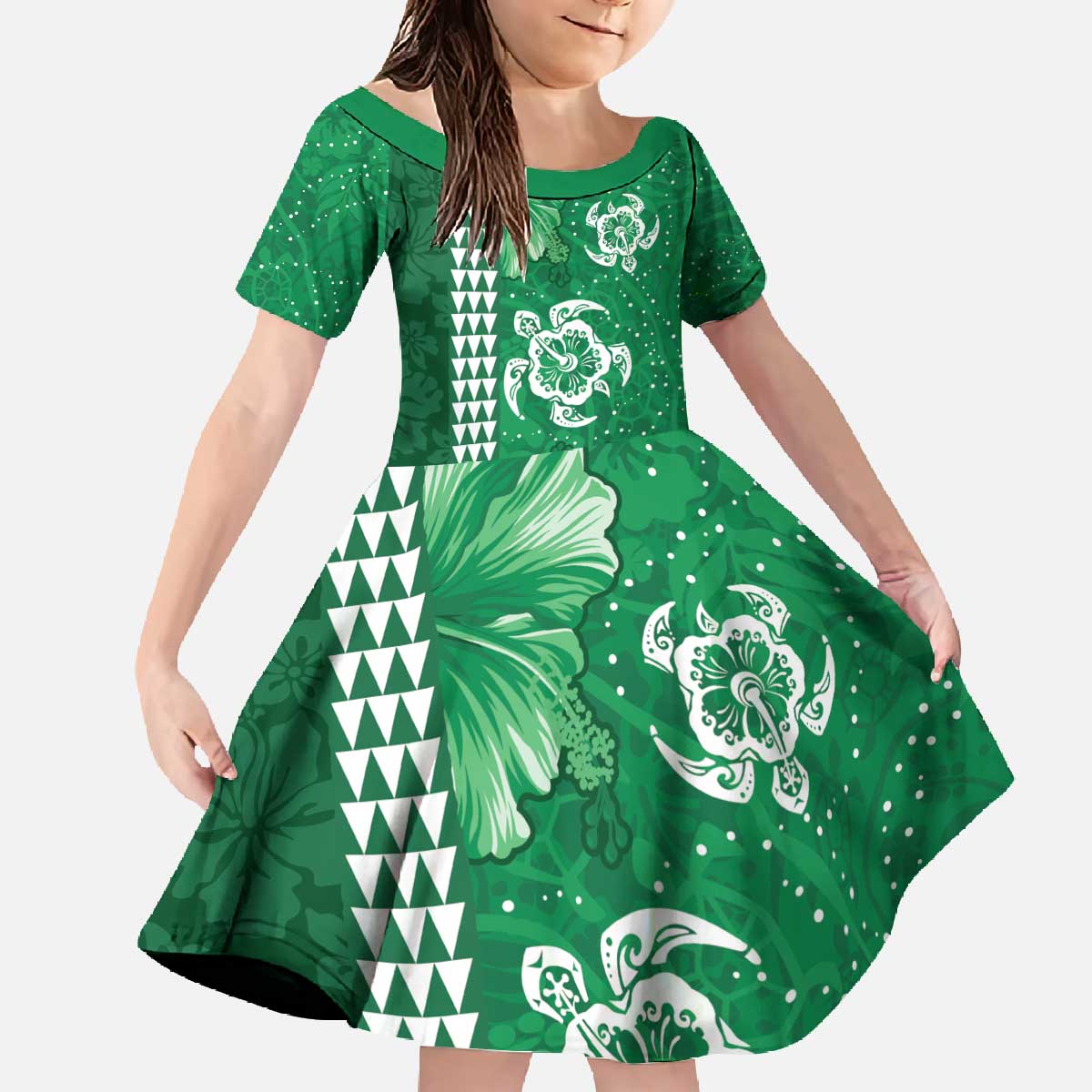 Green Hibiscus Turle Family Matching Off The Shoulder Long Sleeve Dress and Hawaiian Shirt Hawaiian Style Tribal Tapa Pattern LT9 Daughter's Dress Green - Polynesian Pride