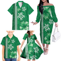 Green Hibiscus Turle Family Matching Off The Shoulder Long Sleeve Dress and Hawaiian Shirt Hawaiian Style Tribal Tapa Pattern LT9 - Polynesian Pride