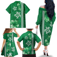 Green Hibiscus Turle Family Matching Off The Shoulder Long Sleeve Dress and Hawaiian Shirt Hawaiian Style Tribal Tapa Pattern LT9 - Polynesian Pride