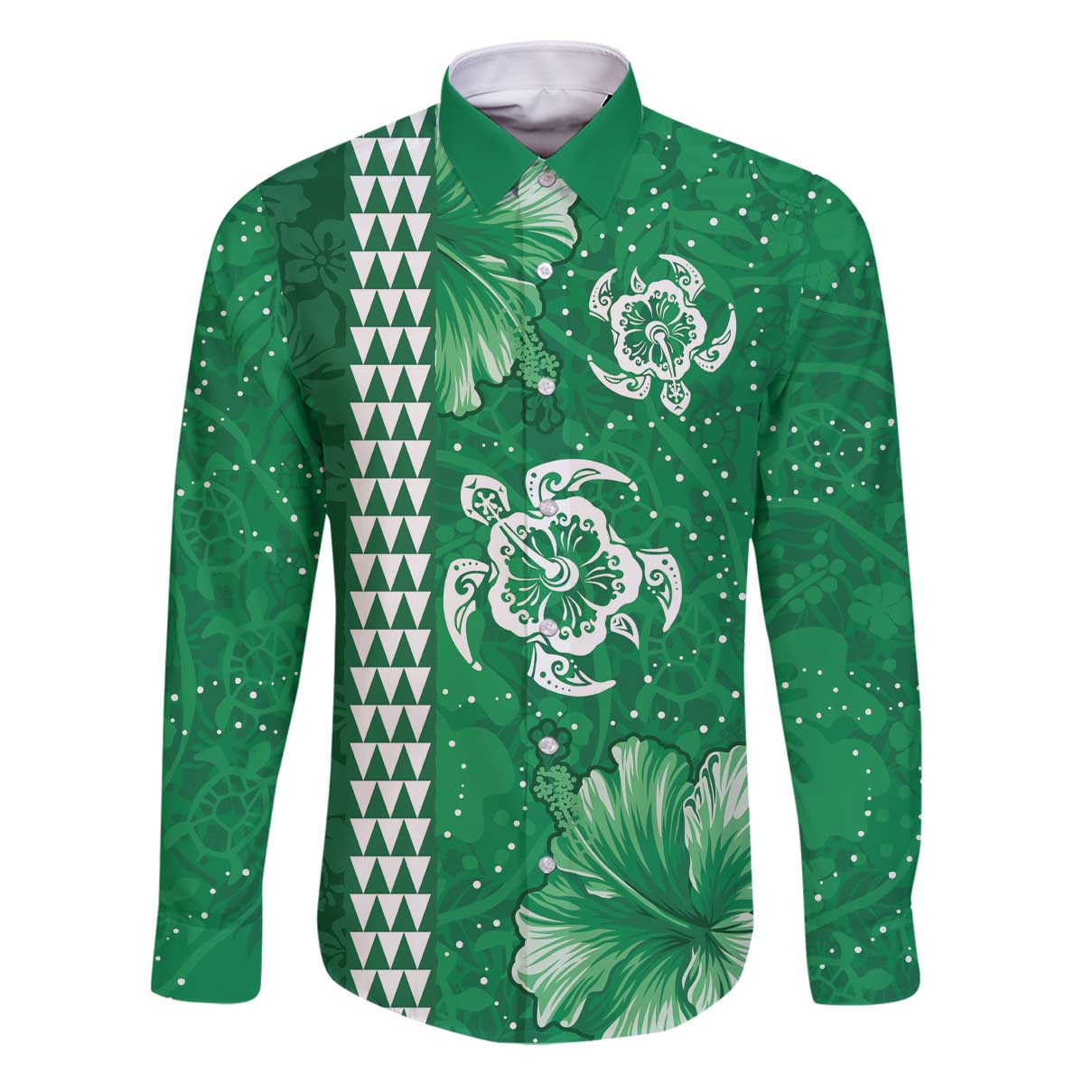 Green Hibiscus Turle Family Matching Off The Shoulder Long Sleeve Dress and Hawaiian Shirt Hawaiian Style Tribal Tapa Pattern LT9 Dad's Shirt - Long Sleeve Green - Polynesian Pride