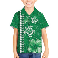Green Hibiscus Turle Family Matching Off The Shoulder Long Sleeve Dress and Hawaiian Shirt Hawaiian Style Tribal Tapa Pattern LT9 Son's Shirt Green - Polynesian Pride