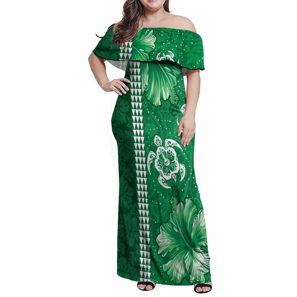 Green Hibiscus Turle Family Matching Off Shoulder Maxi Dress and Hawaiian Shirt Hawaiian Style Tribal Tapa Pattern