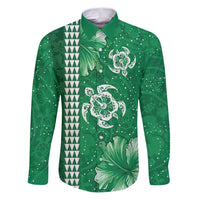 Green Hibiscus Turle Family Matching Puletasi and Hawaiian Shirt Hawaiian Style Tribal Tapa Pattern LT9 Dad's Shirt - Long Sleeve Green - Polynesian Pride