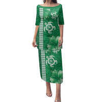 Green Hibiscus Turle Family Matching Puletasi and Hawaiian Shirt Hawaiian Style Tribal Tapa Pattern LT9 Mom's Dress Green - Polynesian Pride