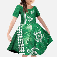 Green Hibiscus Turle Family Matching Short Sleeve Bodycon Dress and Hawaiian Shirt Hawaiian Style Tribal Tapa Pattern LT9 Daughter's Dress Green - Polynesian Pride