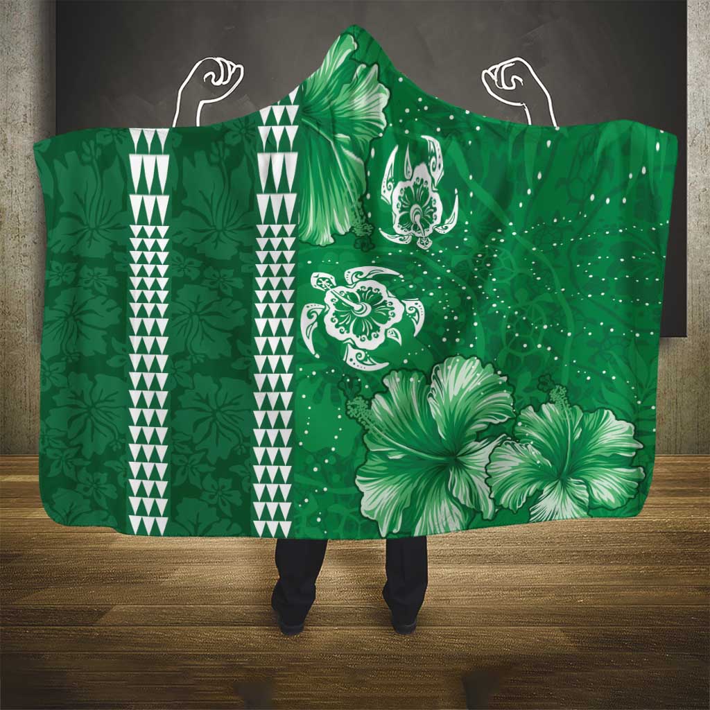 Green Hibiscus Turle Hooded Blanket Hawaiian Style Tribal Tapa Pattern