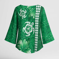 Green Hibiscus Turle Kimono Sleeve Blouse Hawaiian Style Tribal Tapa Pattern - Polynesian Pride