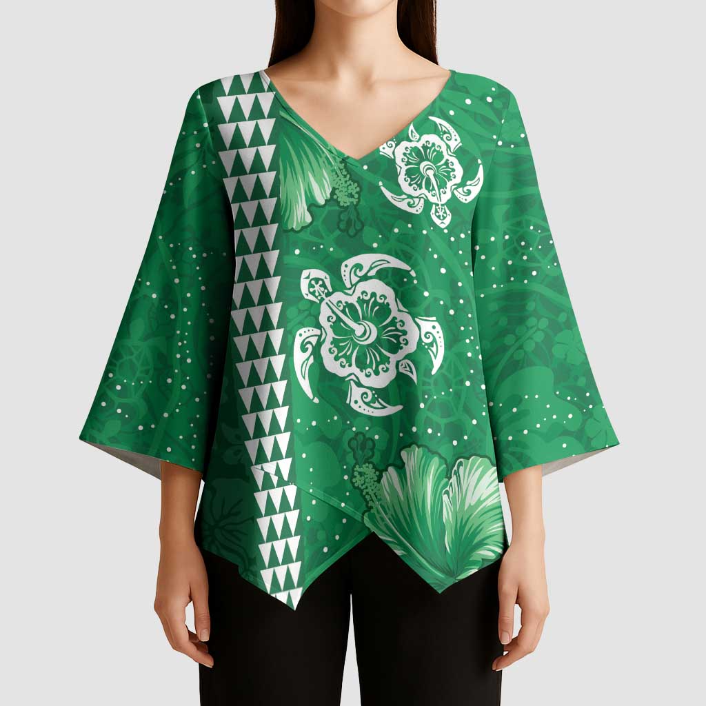 Green Hibiscus Turle Kimono Sleeve Blouse Hawaiian Style Tribal Tapa Pattern - Polynesian Pride
