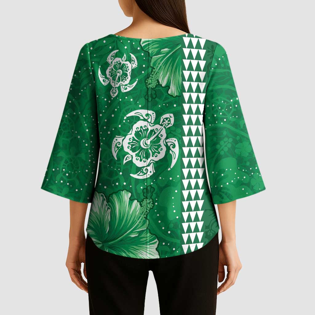 Green Hibiscus Turle Kimono Sleeve Blouse Hawaiian Style Tribal Tapa Pattern - Polynesian Pride