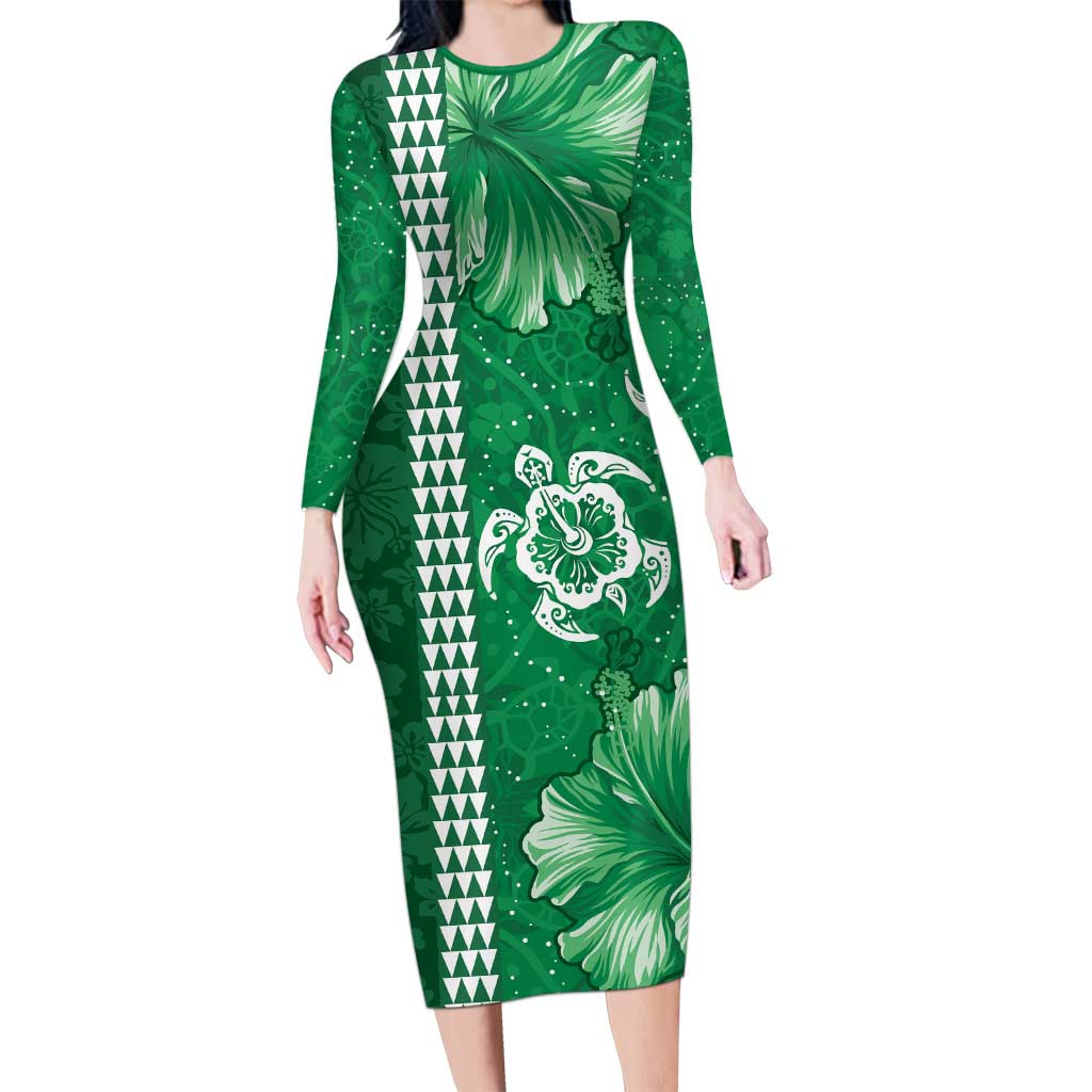 Green Hibiscus Turle Long Sleeve Bodycon Dress Hawaiian Style Tribal Tapa Pattern
