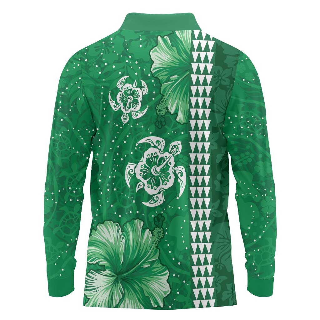 Green Hibiscus Turle Long Sleeve Polo Shirt Hawaiian Style Tribal Tapa Pattern