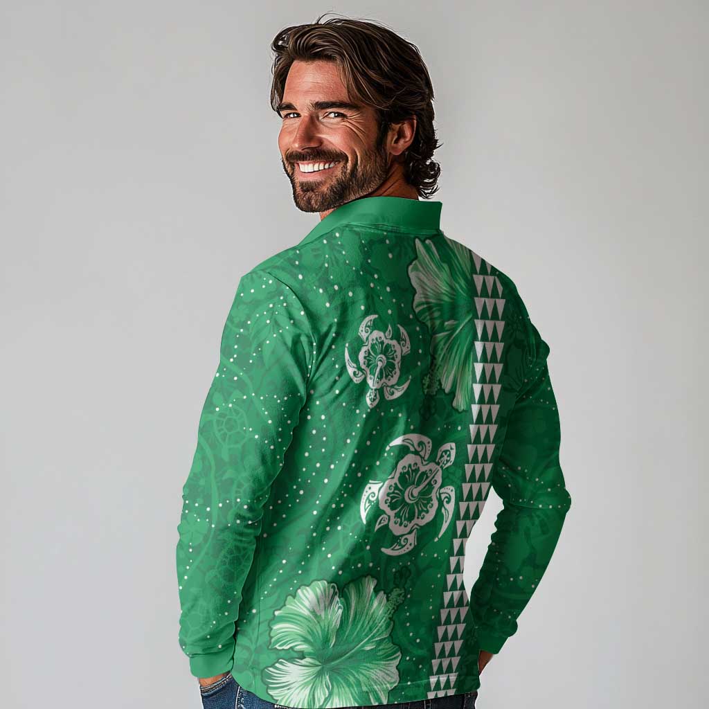 Green Hibiscus Turle Long Sleeve Polo Shirt Hawaiian Style Tribal Tapa Pattern