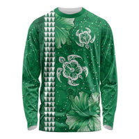 Green Hibiscus Turle Long Sleeve Shirt Hawaiian Style Tribal Tapa Pattern