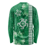 Green Hibiscus Turle Long Sleeve Shirt Hawaiian Style Tribal Tapa Pattern