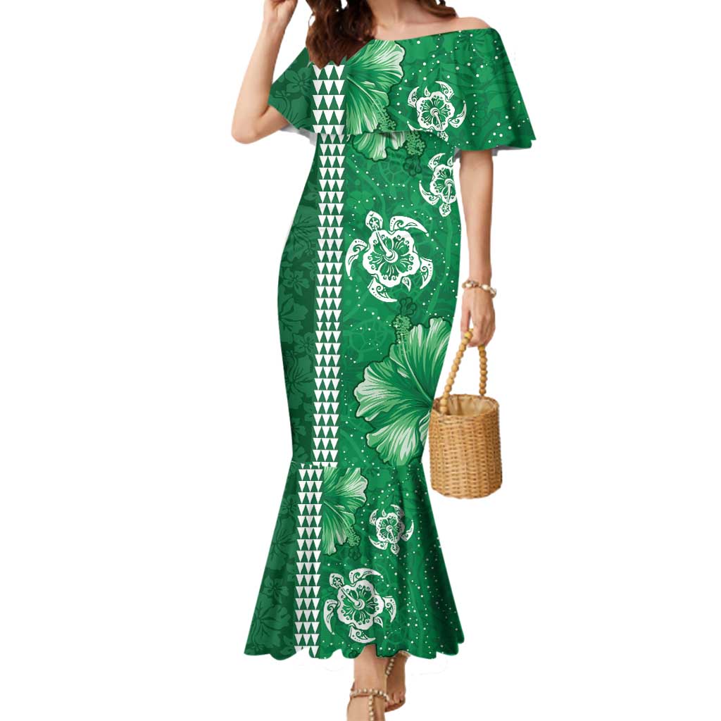Green Hibiscus Turle Mermaid Dress Hawaiian Style Tribal Tapa Pattern