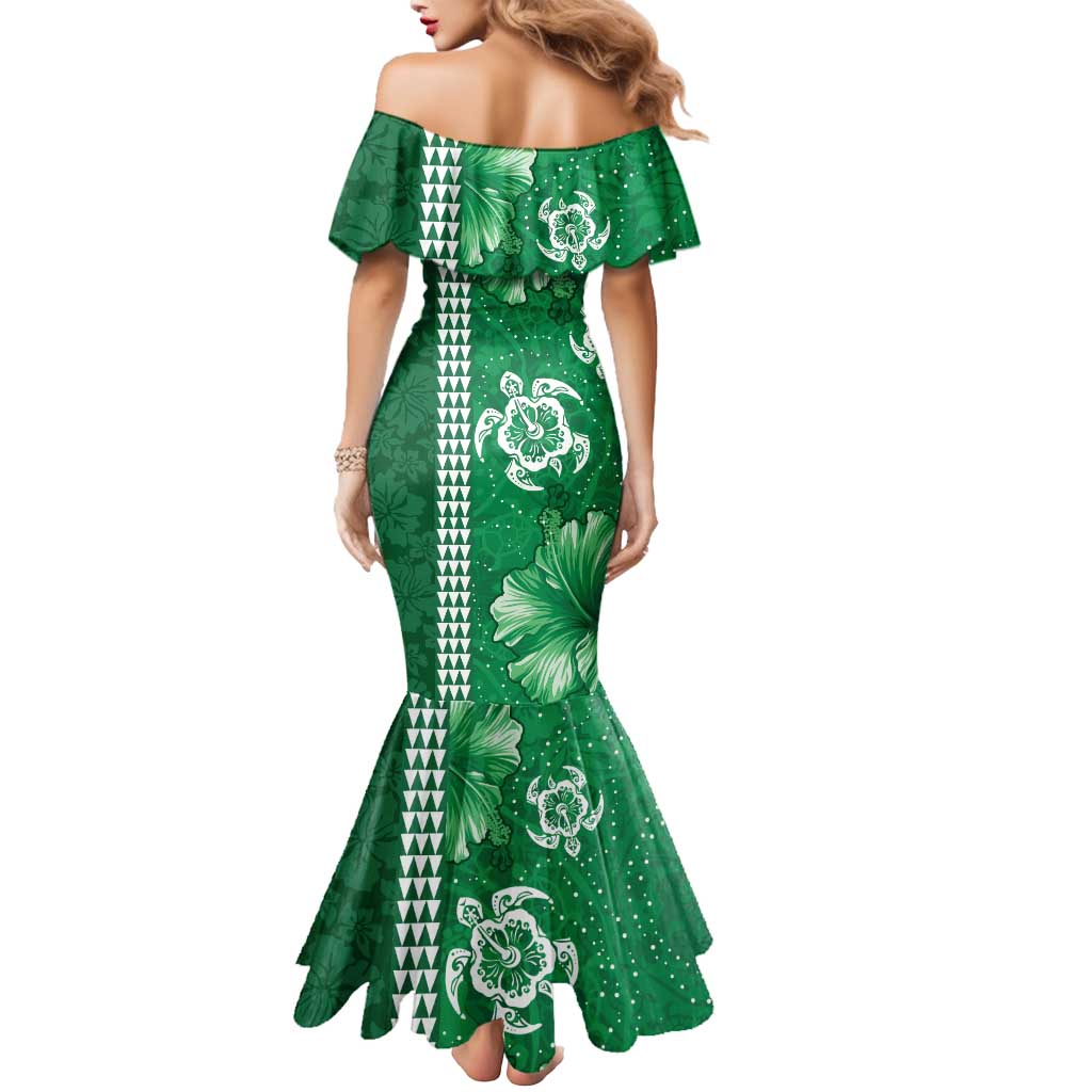 Green Hibiscus Turle Mermaid Dress Hawaiian Style Tribal Tapa Pattern