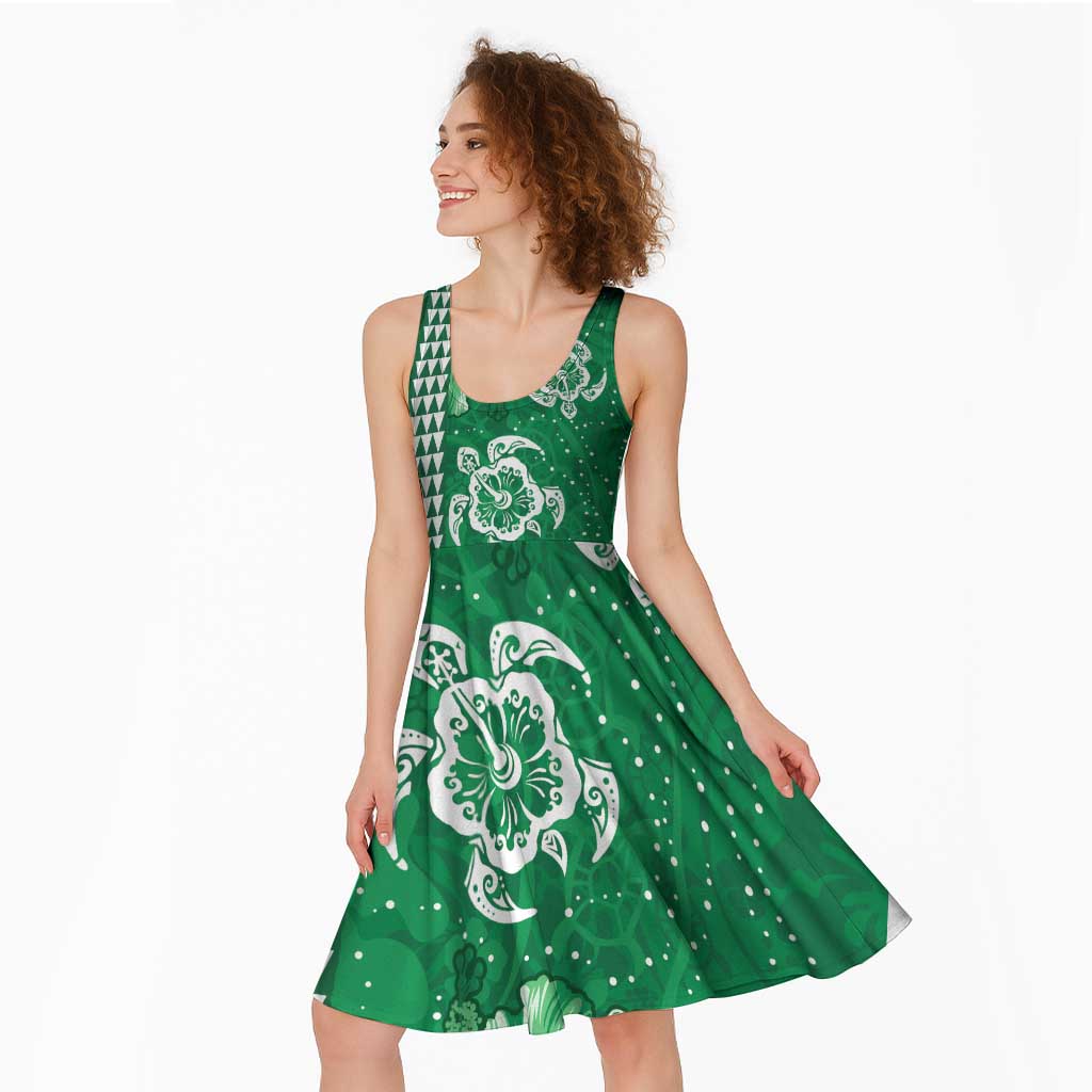 Green Hibiscus Turle Midi Dress Hawaiian Style Tribal Tapa Pattern - Polynesian Pride