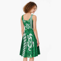 Green Hibiscus Turle Midi Dress Hawaiian Style Tribal Tapa Pattern - Polynesian Pride