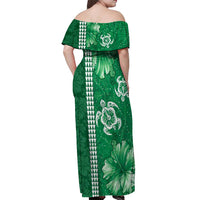 Green Hibiscus Turle Off Shoulder Maxi Dress Hawaiian Style Tribal Tapa Pattern