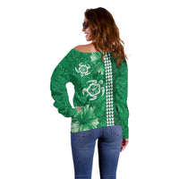 Green Hibiscus Turle Off Shoulder Sweater Hawaiian Style Tribal Tapa Pattern