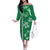 Green Hibiscus Turle Off The Shoulder Long Sleeve Dress Hawaiian Style Tribal Tapa Pattern