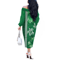 Green Hibiscus Turle Off The Shoulder Long Sleeve Dress Hawaiian Style Tribal Tapa Pattern