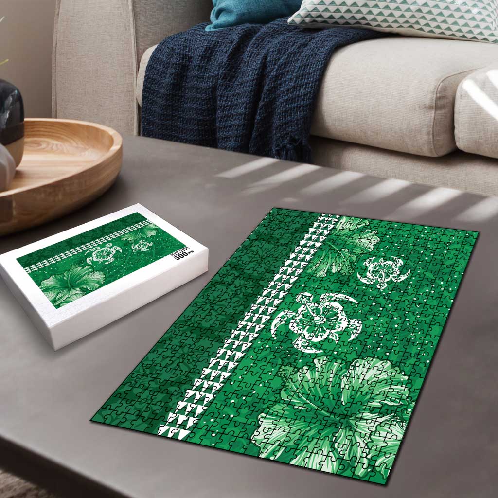 Green Hibiscus Turle Puzzle Hawaiian Style Tribal Tapa Pattern - Polynesian Pride