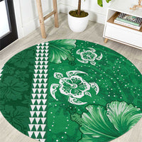 Green Hibiscus Turle Round Carpet Hawaiian Style Tribal Tapa Pattern