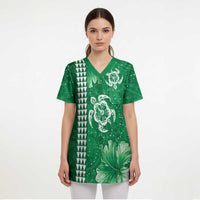 Green Hibiscus Turle Scrub Top Hawaiian Style Tribal Tapa Pattern - Polynesian Pride