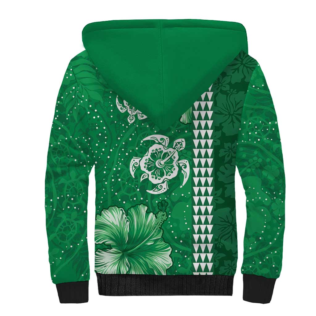 Green Hibiscus Turle Sherpa Hoodie Hawaiian Style Tribal Tapa Pattern