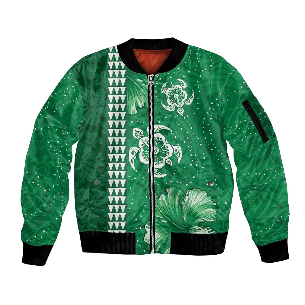 Green Hibiscus Turle Sleeve Zip Bomber Jacket Hawaiian Style Tribal Tapa Pattern LT9 Unisex Green - Polynesian Pride