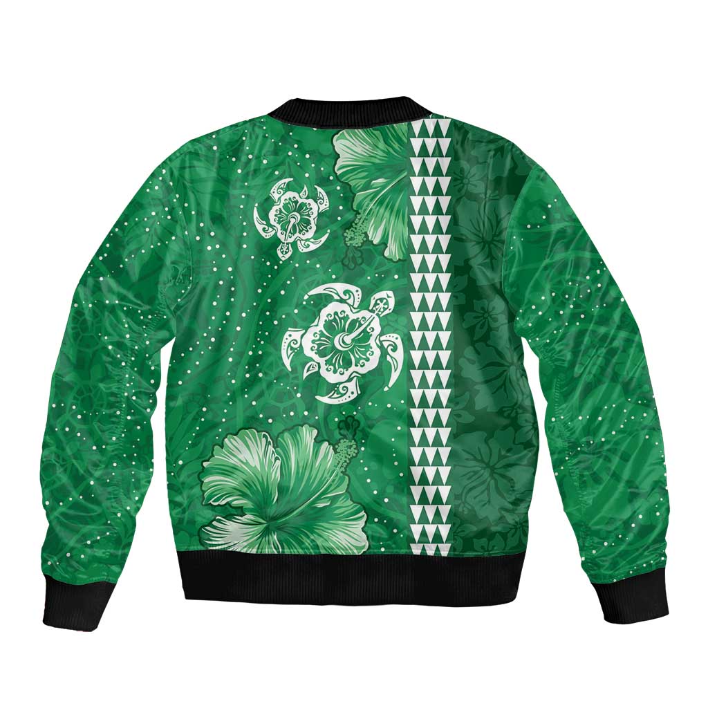 Green Hibiscus Turle Sleeve Zip Bomber Jacket Hawaiian Style Tribal Tapa Pattern LT9 - Polynesian Pride