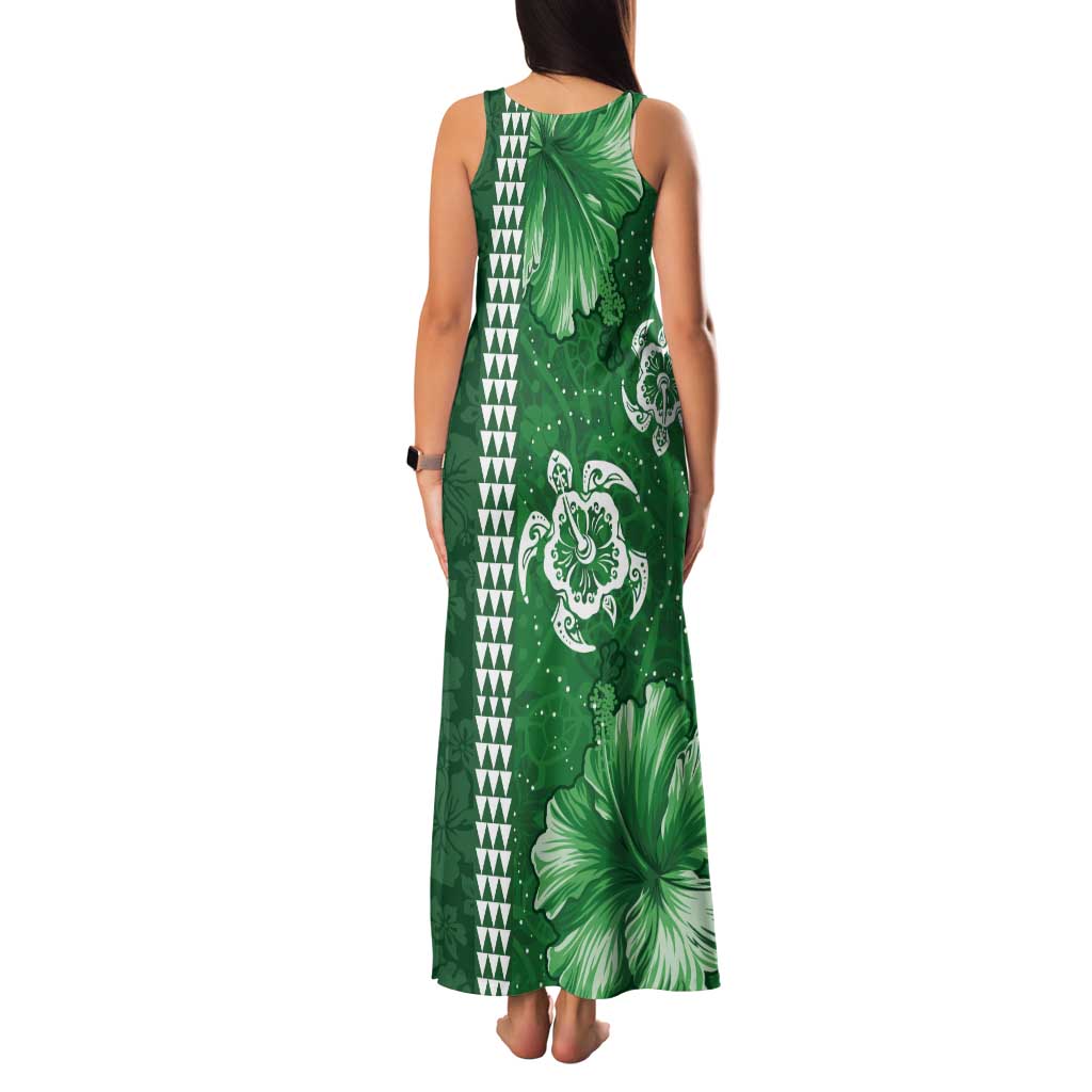 Green Hibiscus Turle Tank Maxi Dress Hawaiian Style Tribal Tapa Pattern
