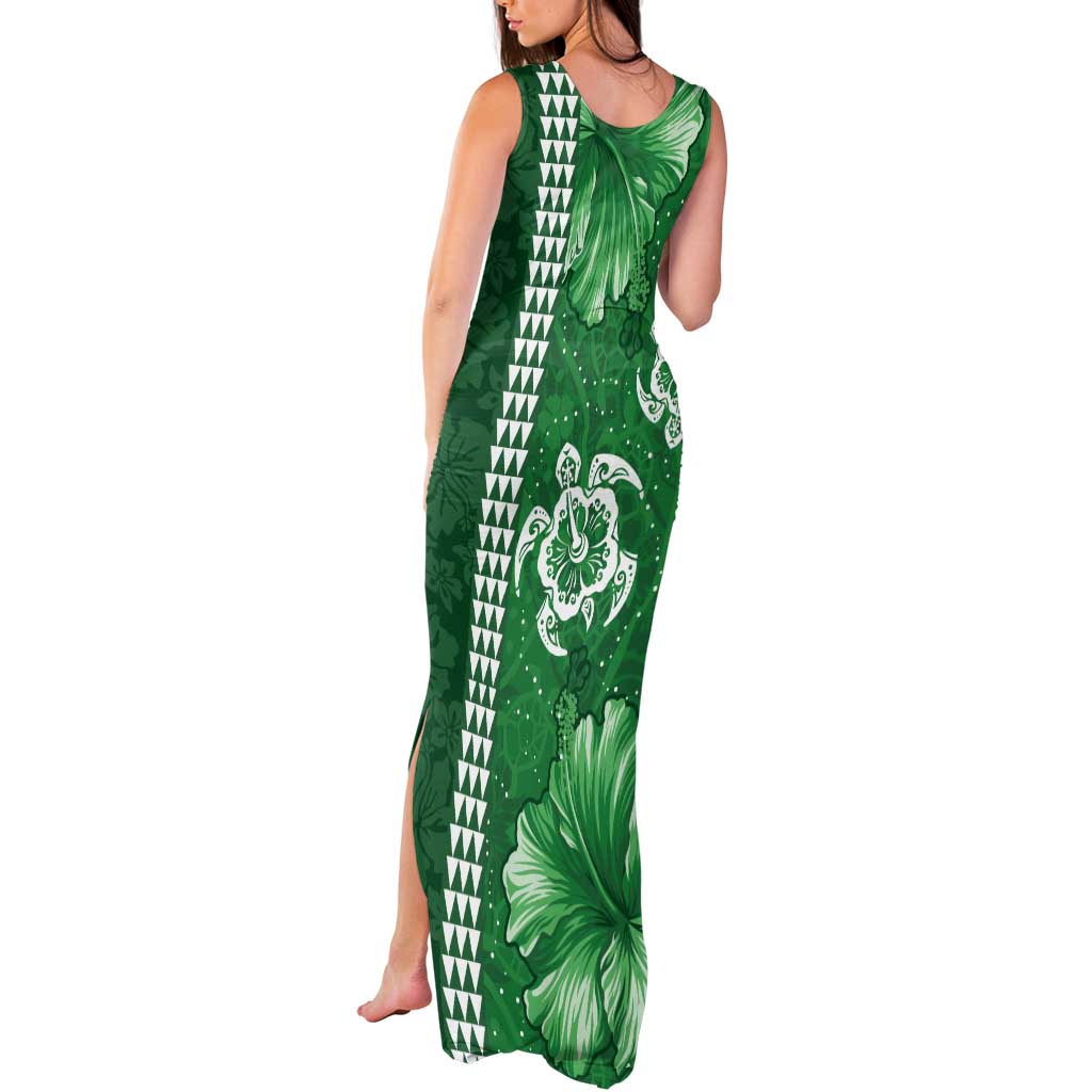 Green Hibiscus Turle Tank Maxi Dress Hawaiian Style Tribal Tapa Pattern