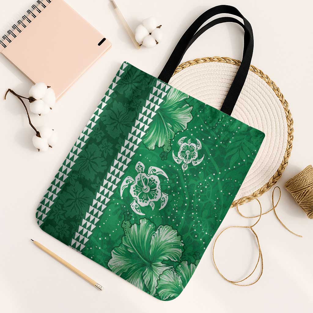 Green Hibiscus Turle Tote Bag Hawaiian Style Tribal Tapa Pattern - Polynesian Pride