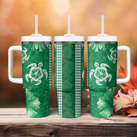 Green Hibiscus Turle Tumbler With Handle Hawaiian Style Tribal Tapa Pattern