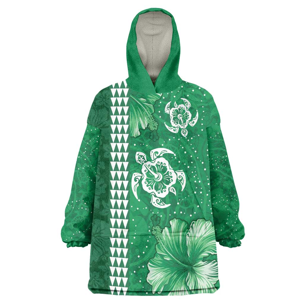 Green Hibiscus Turle Wearable Blanket Hoodie Hawaiian Style Tribal Tapa Pattern