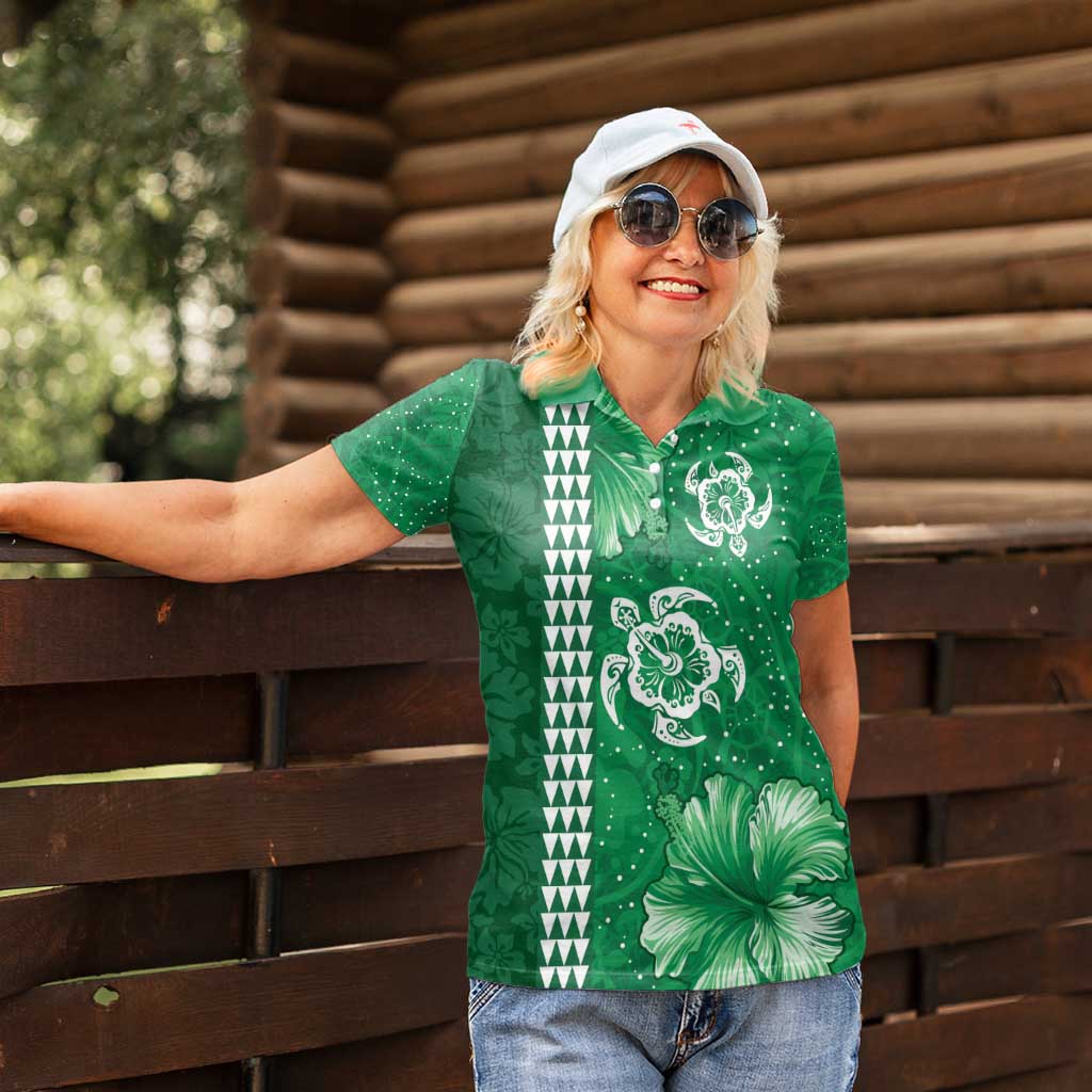 Green Hibiscus Turle Women Polo Shirt Hawaiian Style Tribal Tapa Pattern