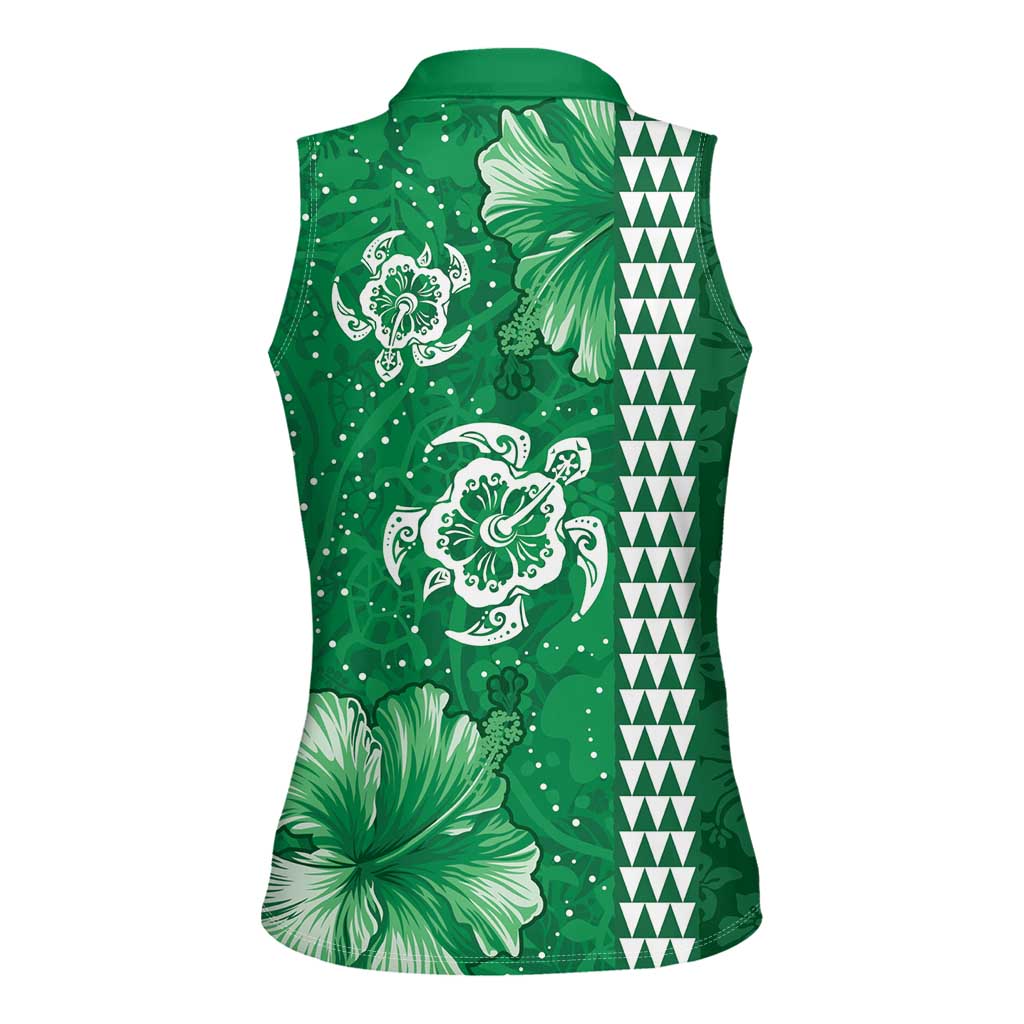 Green Hibiscus Turle Women Sleeveless Polo Shirt Hawaiian Style Tribal Tapa Pattern