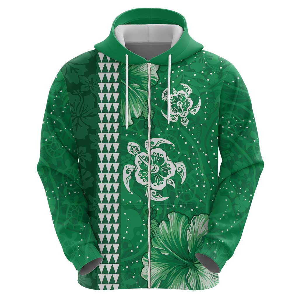 Green Hibiscus Turle Zip Hoodie Hawaiian Style Tribal Tapa Pattern