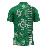 Green Hibiscus Turle Zipper Polo Shirt Hawaiian Style Tribal Tapa Pattern - Polynesian Pride