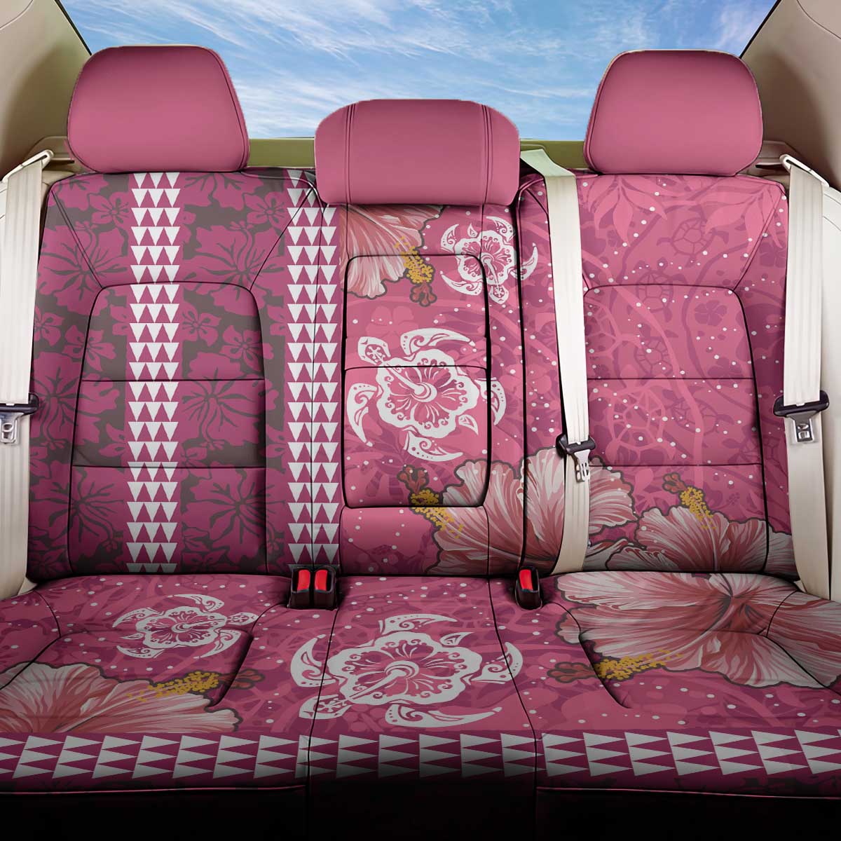 Pink Hibiscus Turle Back Car Seat Cover Hawaiian Style Tribal Tapa Pattern