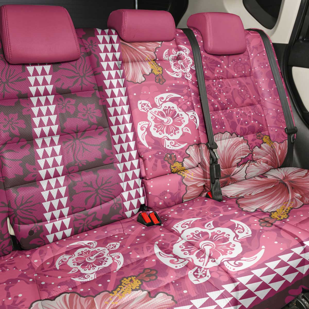 Pink Hibiscus Turle Back Car Seat Cover Hawaiian Style Tribal Tapa Pattern