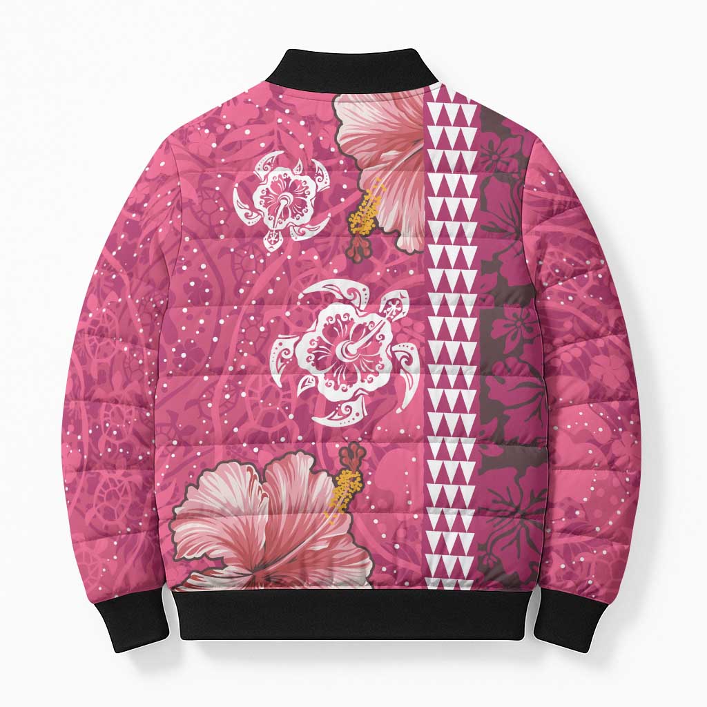 Pink Hibiscus Turle Bomber Puffer Jacket Hawaiian Style Tribal Tapa Pattern - Polynesian Pride