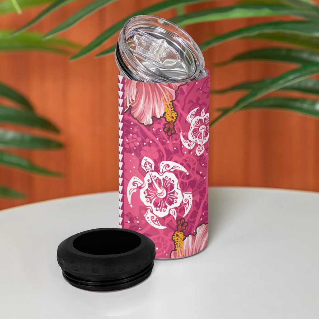 Pink Hibiscus Turle 4 in 1 Can Cooler Tumbler Hawaiian Style Tribal Tapa Pattern